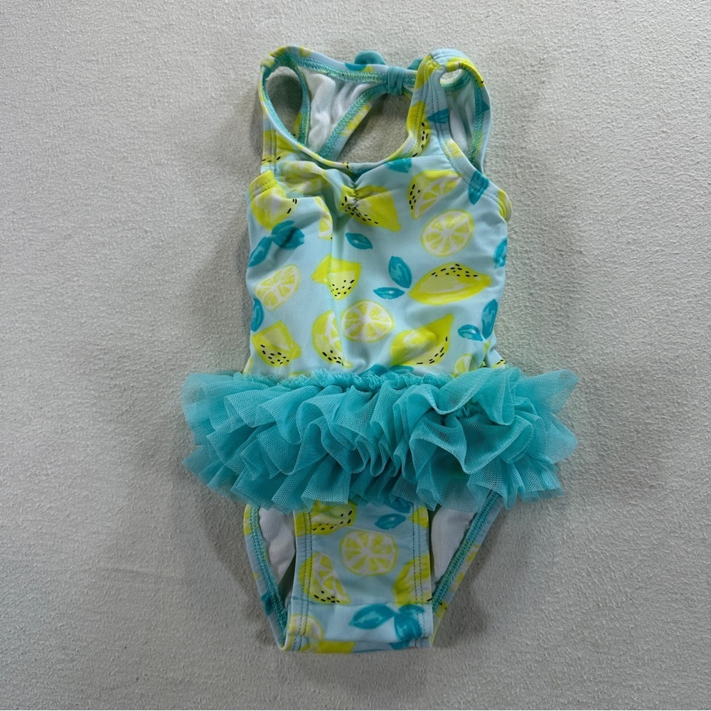 Cat & Jack Lemon Print Swimsuit with Tulle Overlay Sz 6-9 M